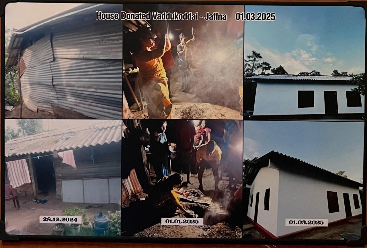 Fotocollage zur Hausspende in Vaddukoddai, Jaffna: frühere Unterkunft am 28. Dezember 2024, Zeremonie am 1. Januar 2025 und neues Haus am 1. März 2025.